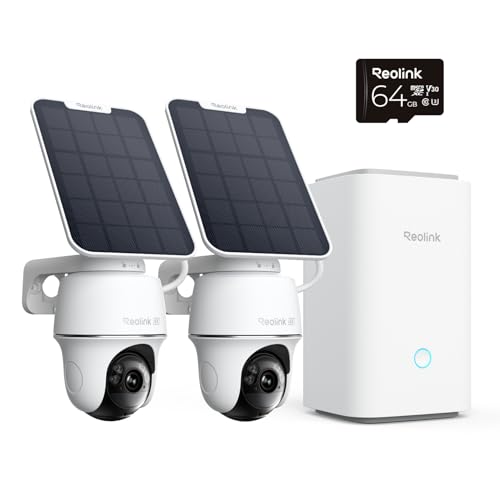 Reolink 4K PT Solar Überwachungskamera Aussen Set Outdoor Akku mit Home Hub, 360° Schwenkbare, Farbnachtsicht, Lokaler Speicher, Ohne ABO-Gebühren, Argus PT Ultra 2-Kamera-Set, mit Solarpanel