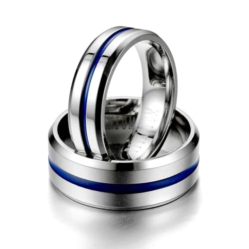 Calefee Alliance de Mariage Argent Bleu Femme 6MM, Bague Fiançailles Poli Acier Bague de Mariage Rainure Gravee Taille 69 – vue 3