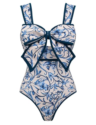 FLAXMAKER Black and White Swimsuit Bow-tie Decor One Piece Bathing Suit(Blue,S)