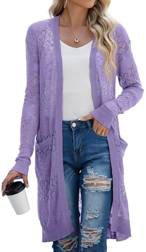 GRECERELLE Womens Lightweight Crochet Knit Long Cardigans Fall Sweaters