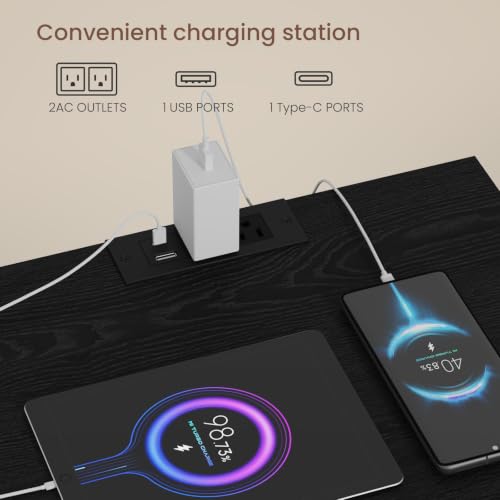 Nightstands Set of 2 with Charging Station, LED Lights and Drawer, Black - Image 5