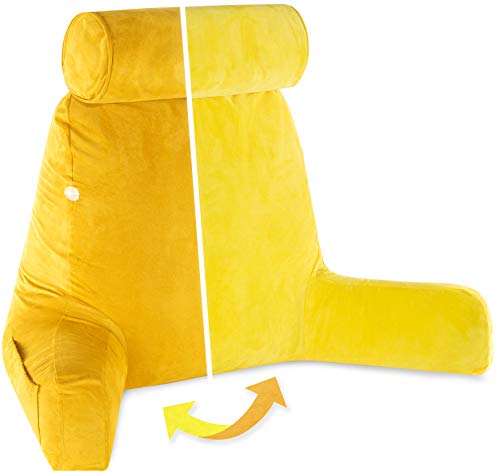 Husband Pillow XXL Reading & Bed Rest Pillows - Premium Memory Foam Backrest Pillow with Arms & Neck Roll - Aspen Edition Gold Rush - Reversible 2 Sided Cover with Plush Microfiber and Suede