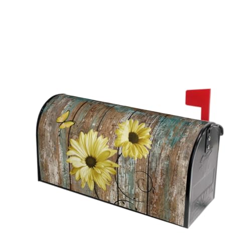 Image of Rustic Daisy Board Mailbox Cover Magnetic, Yellow Sunflowers Vintage Wood Grain Plank Mailbox Wrap Letter Post Box Cover for Yard Garden Outside Home Decor, Standard Size 21x18 Inch