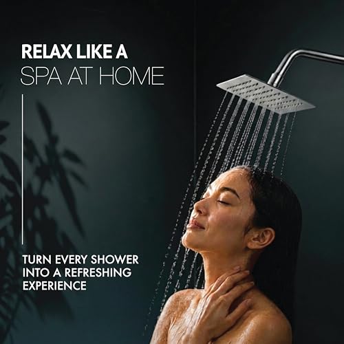 Image of Robustt 6x6 inch High Pressure Overhead Shower Head for Bathroom With 7.8 inch Shower arm | 360 Rotatable Neck | Anti-Rust Chrome Finish ABS Body | Anti-Clog Easy Clean Silicone Nozzles Bath Shower