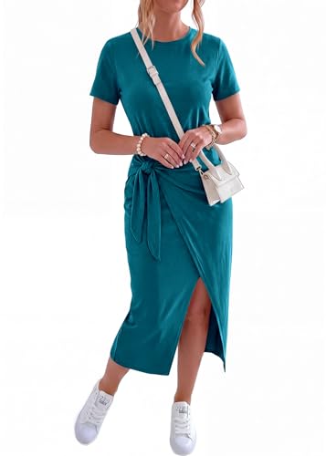 Image of NOLLSOM Women Casual Sleeveless Striped Tank Midi Dresses Halter Neck Ruched Bodycon Dresses Tie Waist T Shirt Summer Dress