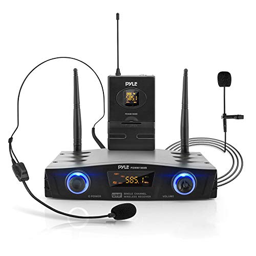 PYLE Compact UHF Wireless Microphone System - Pro Portable 1 Channel Desktop Digital Mic Receiver Set w/ Belt-Pack Transmitter, Receiver, Headset and Lavalier Mics, XLR, For Home, PA PDWM1988B,Black