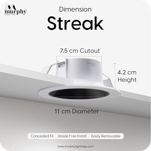 Image of Murphy 7W Streak LED Down Light WH+Black Finish, Natural White Light, Round, Pack of 1, Recessed Ceiling LED Light, Suited for 3 inch Junction Box /Concealed Box (2 Years Warranty)