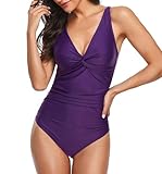 Smismivo Women's Tummy Control Swimsuit One Piece Slimming Ruched Push Up Bathing Suit Vintage Padded Retro Swimwear Cute Ladies Sexy V Neck Swimming Suits Purple