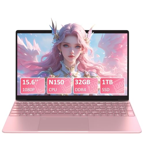 Auusda Laptop 15.6 Zoll, 32GB DDR4 1TB NVMe SSD, Quad-Core N150 (bis zu 3,60 GHz), with Fingerprint Unlock Notebook, Cooling Fan, Webcam, Dual Speakers, Mini HDMI, Student/Business Laptop - Rosa