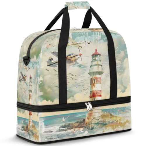Travel Duffel Bag with Shoe Compartment, Lighthouse Airplane Shoulder Weekender Bags for Women, Foldable Waterproof Travel Bag Carry on Bag