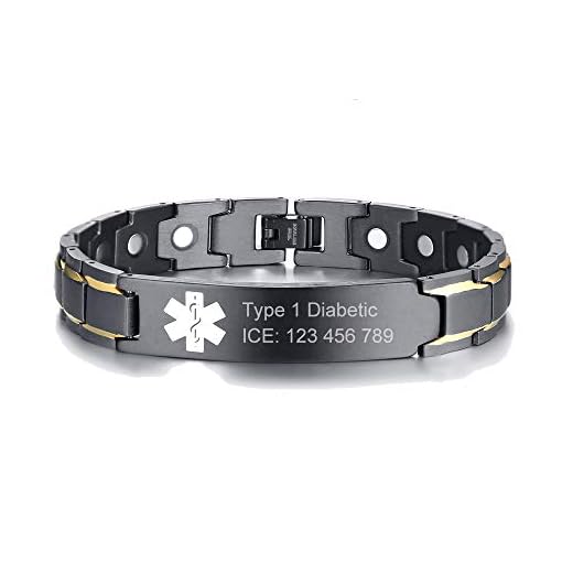 Custom Free Engraving Black Stainless Steel Health Emergancy Medical Alert ID Bracelets for Men Dad,8.6" Men Medical Link Wristband