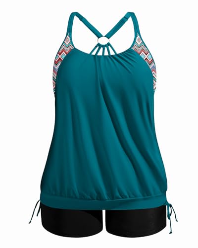 Holipick Plus Size Tankini Swimsuits for Women Two Piece Tummy Control Bathing Suit Blouson Tankini Top with Shorts