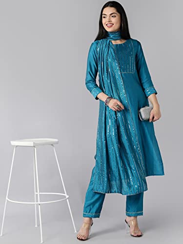 Image of Vaamsi Women's Poly Silk Embellished Solid Straight Kurta Pant with Dupatta