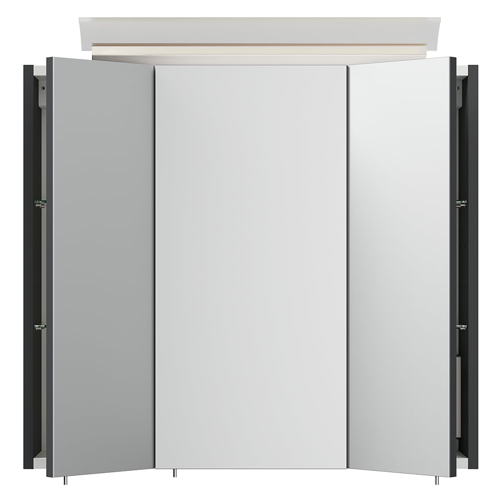 Lomadox Badezimmer Spiegelschrank 70cm, 3-türig, grau mit LED-Aufsatzleuchte, Glasböden, 3D-Funktion, Kombibox (Steckdose mit Schalter)