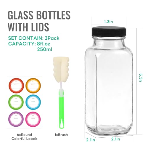 8 oz Glass Juice Bottles with Lids 3 Pack,Reusable Glass Drink Bottles,250ml Water Drinking Jars for Milk,Juicing,Kombucha,Ginger,Beverage Glassware,Juice Drinking Jars - Image 3
