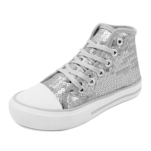 Sprint Sport Pailletten Schuhe Kinder Glitzer Sneaker auch als Wendepailletten wählbar Halbhoch Kinderschnürer Disco (Silber-Kinder, EU Schuhgrößensystem, Kleinkind, Numerisch, M, 33)