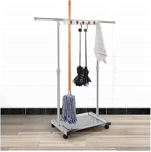Mop and Broom Holder,Mop Broom Holder, Shelf Cleaning with Wheels, Gardening Tool Storage Rack, Movable Floor Type Used for Hotel, Property (Silver 5 tow 6 hook