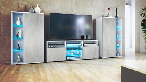Vladon Wohnwand Davos, Anbauwand bestehend aus 2 Vitrinen und 1 TV-Board, Weiß matt/Beton Oxid Optik inkl. LED-Beleuchtung (329 x 134 x 35 cm) – Bild 3