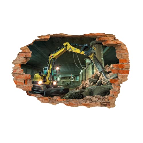 Excavator 3D Broken Wall Stickers Construction Site Wall Mural Art Stones Nursery Children's Bedroom Living Room Background Wall Decal Removable Vinyl Home Decoration 35"W X 24"H #TOP4