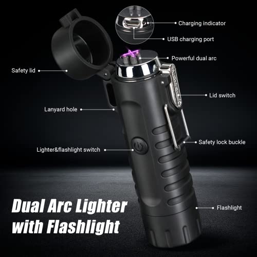 Scotte Plasma Windproof Arc Lighter Electric Lighter And Led Flashlight - 2 In 1 (Black)/5-In-1 Magnesium Fire Starter For Emergency Survival Kits, Camping, Hiking, All-Weather Magnesium Ferro Rod #TOP1