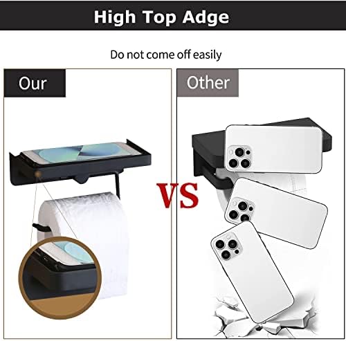 Black Toilet Roll Holder Wall Mounted,Stainless Steel Toilet Paper Holder for Bathroom & Kitchen,2 in 1 Self Adhesive Toilet Roll Holder with Shelf,No Drill Tissue Roll Holder Bathroom Accessories