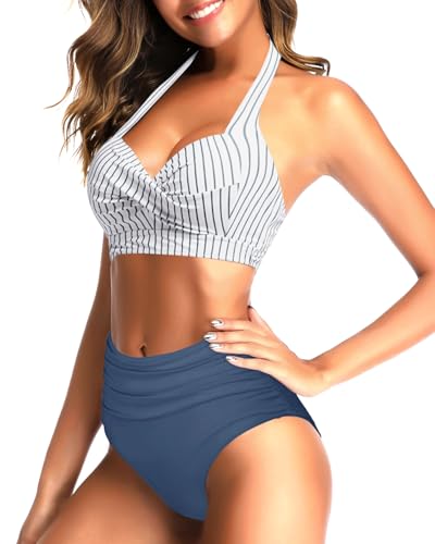 Image of Tempt Me Women Two Piece Swimsuit High Waisted Bikini Halter Vintage Retro Bathing Suit Push up Swimwear