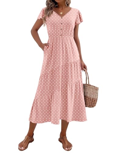 Image of Zeagoo Women's Summer Casual Dress Flutter Short Sleeve V Neck Button Down Tiered Flowy Long Dress with Pockets