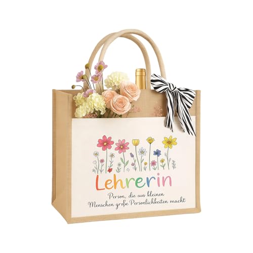 RgitFzi Jutetasche Erzieherin Geschenk 26x22x14cm Geschenk Lehrerin Tasche mit Blumen Motiv Abschiedsgeschenk Erzieherin Danke Praktische Tasche Erzieherin Dankeschön