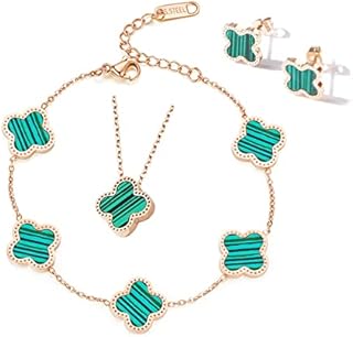 ESTART Four-Leaf Clover Jewelry Set, Gold Plated Titanium Steel Necklace Stud Earrings Bracelet Dainty Enamel Jewelry Set for Teen Girls Women with Jewelry Box