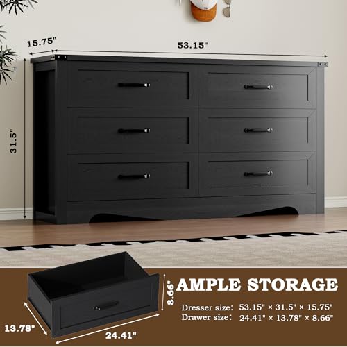 Image of BORNOON 6-Drawer Dresser for Bedroom, Modern Wooden Chest of Drawers with Metal Handles, Anti-Tipping Design, Sturdy and Stable Storage Organizer for Living Room, Entryway, Home Office