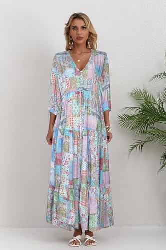 Image of Women Short Sleeve V Neck Floral Print Casual Bohemian Maxi Dresses