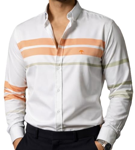 Consejos para Comprar Franjas Naranjas para comprar hoy. 49 Moon & Rain Camisa Hombre Blanca Franjas Naranja Verde Slim Fit Casual Algodón Suave Cómoda Ligera Elegante (MX/US, Alfa, Chico, Regular, Regular, Blanco)