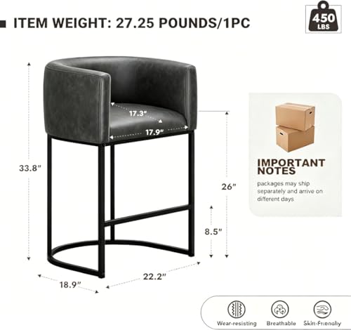 Image of 26 inch H Counter Height Bar Stools Set of 3, Modern Barrel Counter Stools with Backrest and Arms, Faux Leather Upholstered Accent Barstools for Kitchen Island,Support 450 LBS (Black)