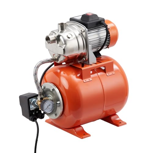3/4 HP Shallow Well Jet Pump with 5-Gallon Pressure Tank – Stainless Steel, 130Ft Lift, 20Ft Suction, Automatic Pressure Switch (19/38 PSI) for Home, Farm, Garden Irrigation & Water Transfer
