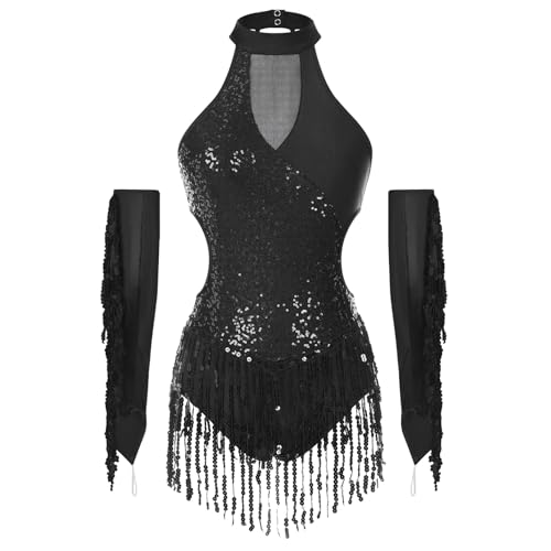 Robe de danse latine noire à paillettes et franges avec gants pour femme
