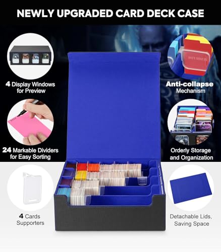 Image of MoKo Card Storage Box for Trading Cards, 3000+ MTG Deck Box with 24 Colorful Dividers & 4 Card Supporters, Commander Card Deck Case with Display Window, Fits for Magic Game Cards, YugiOh, Black Blue