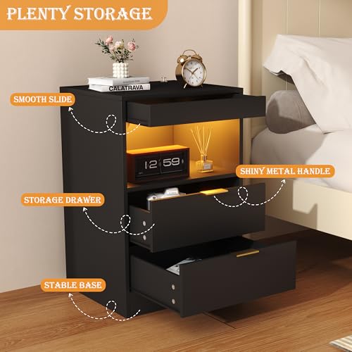 Image of Yusong Night Stand with Gun Drawer & Invisible Lock, Bedside Table, LED Nightstand with Charging Station, Modern Night Stand, Wood Sofa Couch End Side Table with 2 Pull-Out Shelf (Black 002)