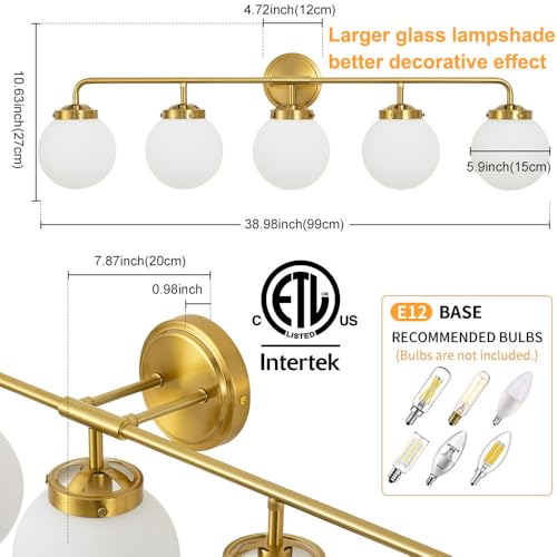 Image of Bathroom Light Fixtures 39in 5-Light Brushed Gold Vanity Light for Mirror | Bathroom Lighting Fixtures over Mirror, ETL, Brushed Brass Wall Sconce, Dimmable E12 Base Max 60W, Milky Glass Ball Shades