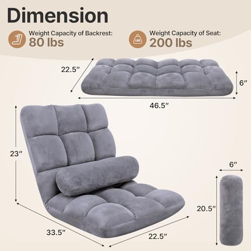 Image of HOPERAN Adjustable Floor Chair, 6-Poistion High-Back Floor Gaming Sofa Chair with Back Support, Folding Floor Chair for Adults, Couch Recliner, Floor Meditation Chair, Comfy Foldable Floor Seat, Grey