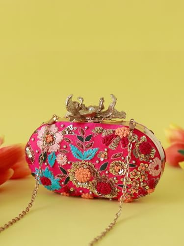 Image of THE TAN CLAN Flora Resham Hand Embroidered Clutches Purse Luxury Evening HandBags for Women
