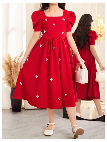 Floerns Girl's Elegant Puff Sleeve Midi Dress Square Neck Birthday Party A Line Dresses2