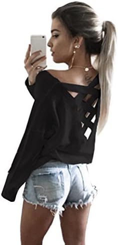 Yingkis Women's Cold Shoulder Tops Long Sleeve Deep V-Neck Wrap Front Blouse Loose Pullover
