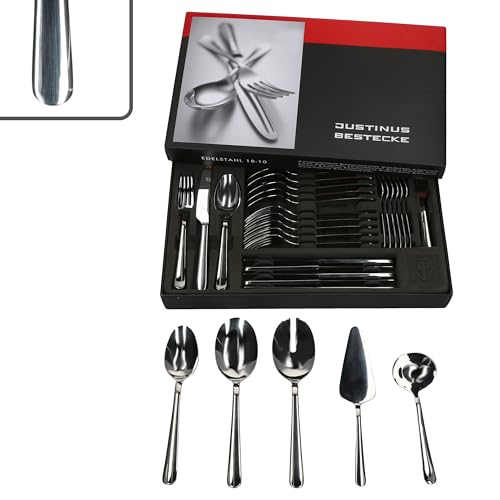 Justinus Style Art Set de couverts complet de 35 pièces avec pièces de pose I pour 6 personnes I Avec poignée incurvée I Acier inoxydable 18/10 et lame en acier I Fourchette, couteau et cuillère I