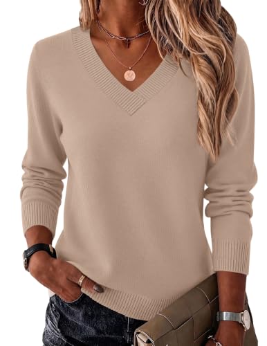 Image of Zeagoo Sweaters for Women UK V Neck Jumper Knitted Cosy Jumpers Basic Tops Beige L