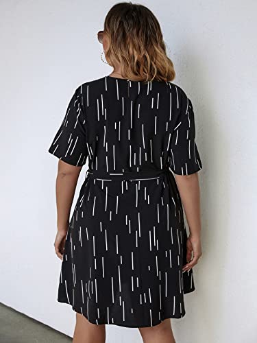 Wdirara Women's Plus Size Graphic Print Belted Casual Flared Hem Round Neck A Line Dress Black 1Xl #TOP1