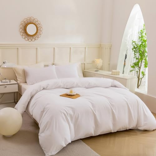 Image of ECOCOTT White Duvet Cover King Size - 100% Washed Cotton Durable Soft Comfy Duvet Cover Set, Lightweight and Breathable with Zipper Closure & Corner Ties (White, 104''x90'')