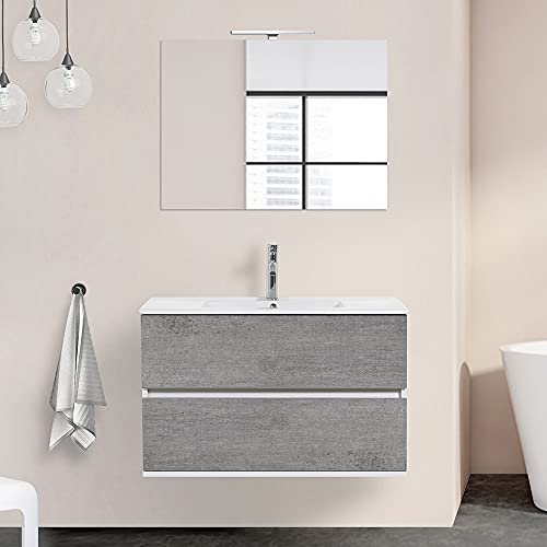 Mobile bagno sospeso con lavabo in ceramica e specchio, cassetti e ante a chiusura rallentata, 3 colorazioni disponibili (90 cm 2 cassetti, Grigio cemento)