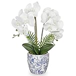 Oairse Orchid Artificial Flowers in Pot 19.6" White Orchid with Blue and White Ceramic Pot Fake Orchid Plant Silk Faux Phalaenopsis for Home Office Kitchen Bathroom Table Centerpiece Decoration