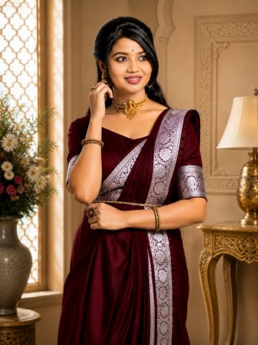 Image of Women's Glory Banarasi Satin Silk Saree Plain Silver Zari | Unstiched Blouse Piece Included.