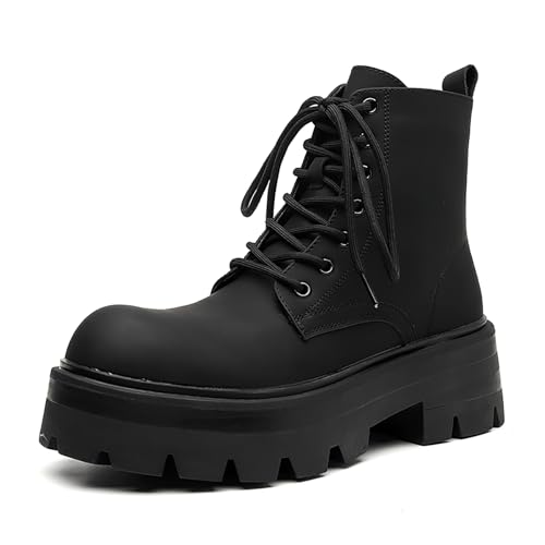 Men's Black Leather Platform Lace-Up Ankle Boots Fashion Round Toe Side Zipper High Top Boots Comfort Non Slip Streetwear Booties